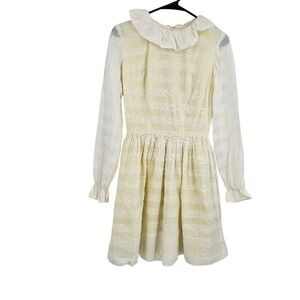 Vintage 70's Mini Dress White Yellow Striped Frilly Pintuck Ruffle Sheer Size S